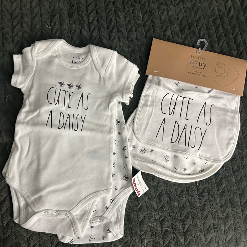 Rae Dunn White Baby Onesie with Daisy Print and bib set